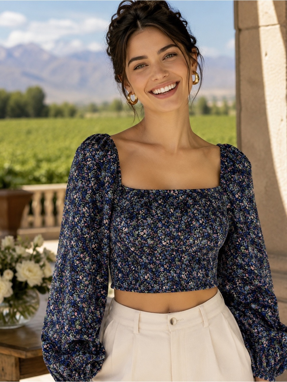 Lulu's Navy Floral Puff Sleeve Square Neck Crop Top - Picture 11 of 11